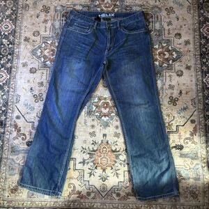 Helix Mens Slim Bootcut Jeans Medium Wash Blue Denim Embroidered Pockets 36 Y2K
